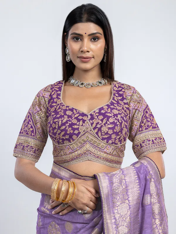 Purple dola silk festive saree with readymade blouse