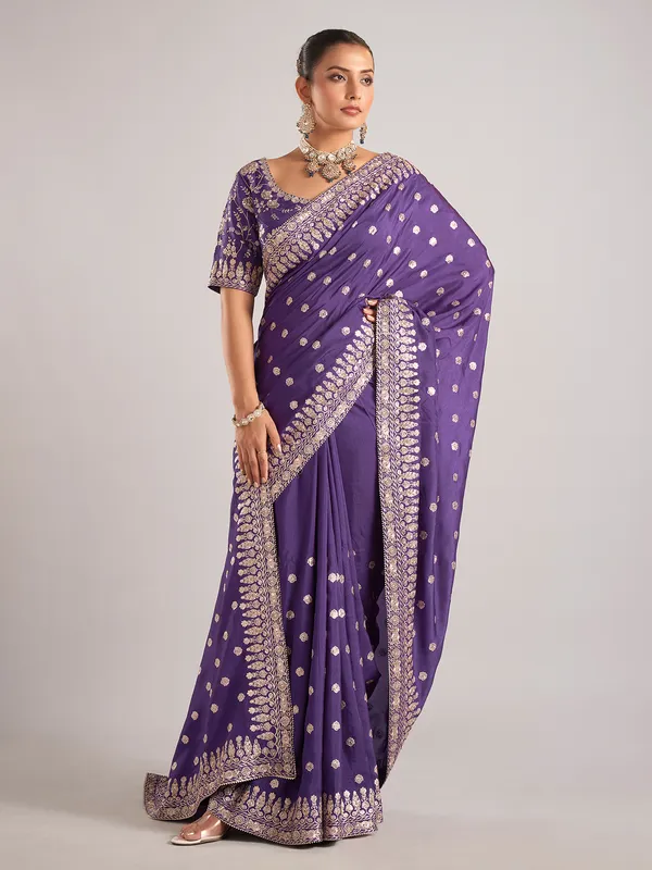 Purple dola silk saree with resham and zardosi work
