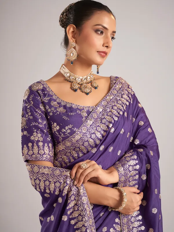 Purple dola silk saree with resham and zardosi work