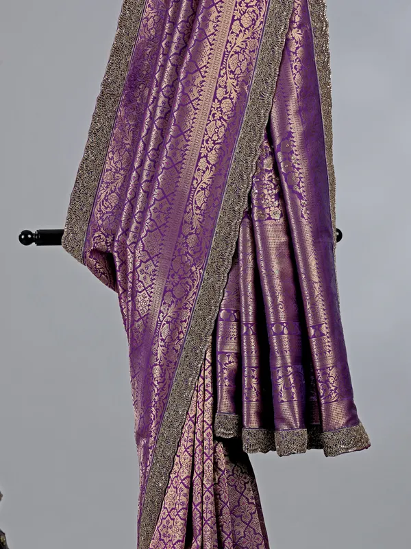 Purple dola silk unstitched saree with zardosi sparkle