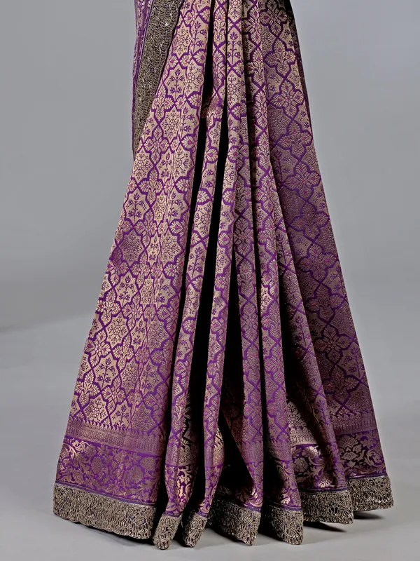 Purple dola silk unstitched saree with zardosi sparkle
