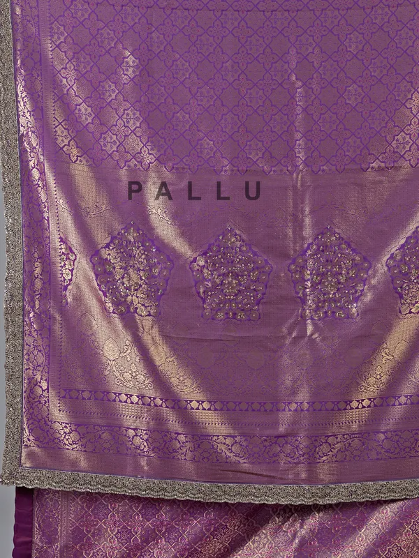 Purple dola silk unstitched saree with zardosi sparkle