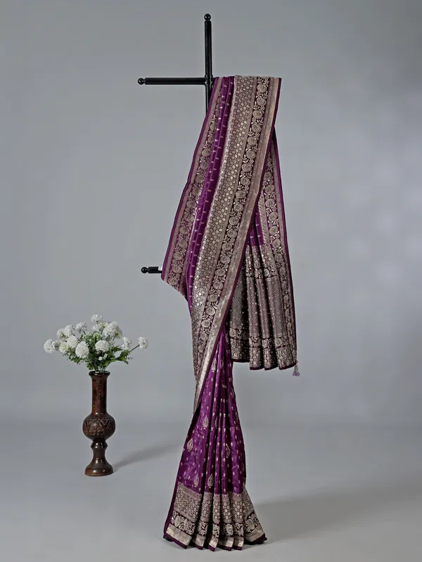 Purple dola silk zardosi embellished saree