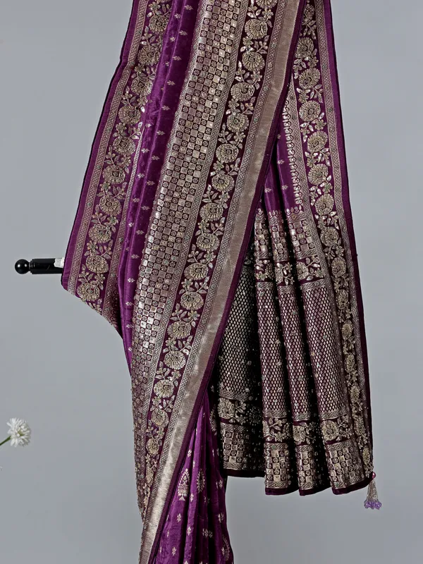 Purple dola silk zardosi embellished saree