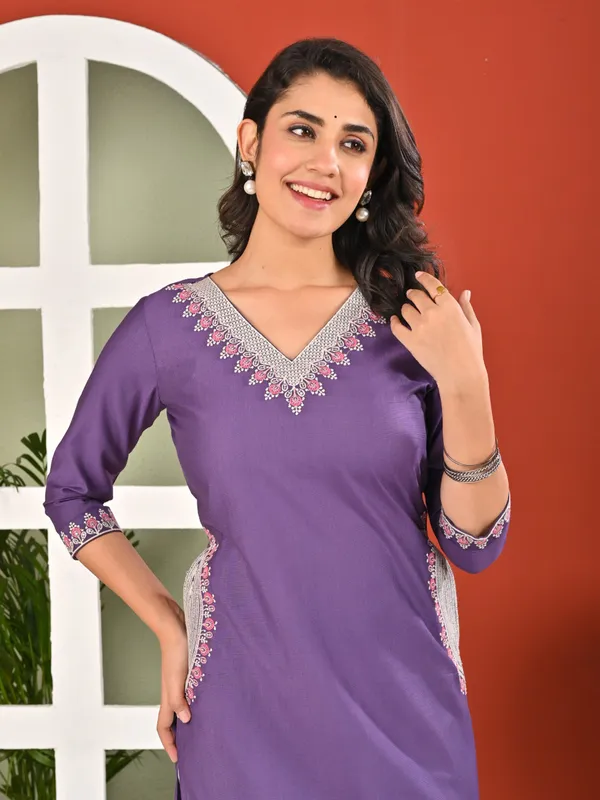 Purple embroidered cotton silk kurti for daily wear