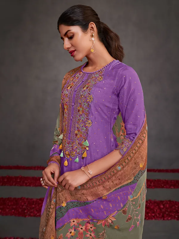 Purple embroidered muslin silk salwar suit