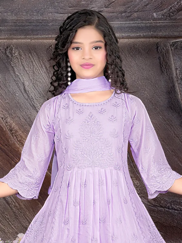 Purple embroidered pant salwar suit with quarter sleeves