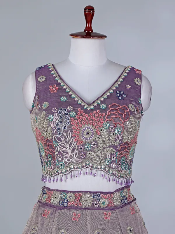 Purple embroidered silk lehenga choli for women