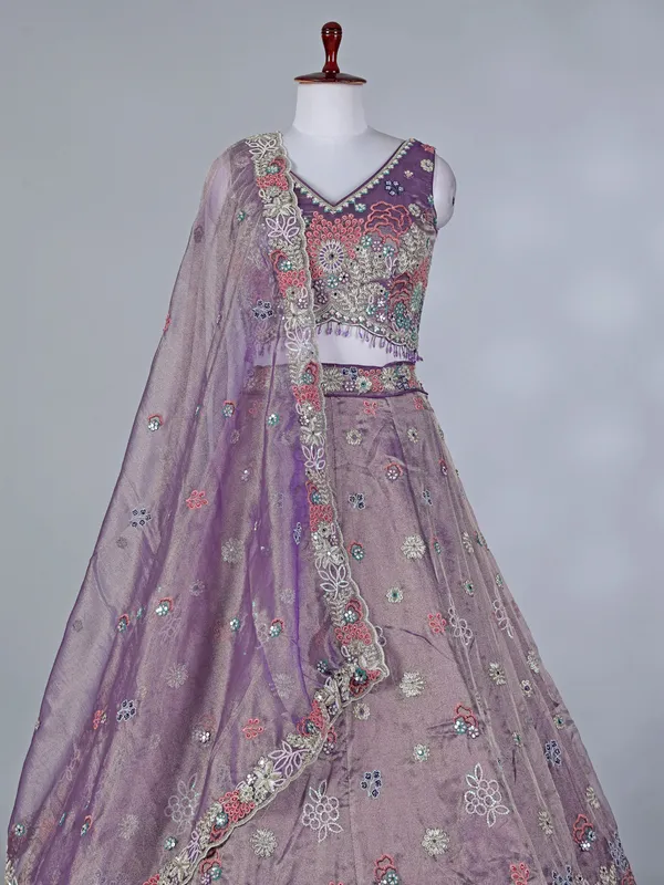 Purple embroidered silk lehenga choli for women