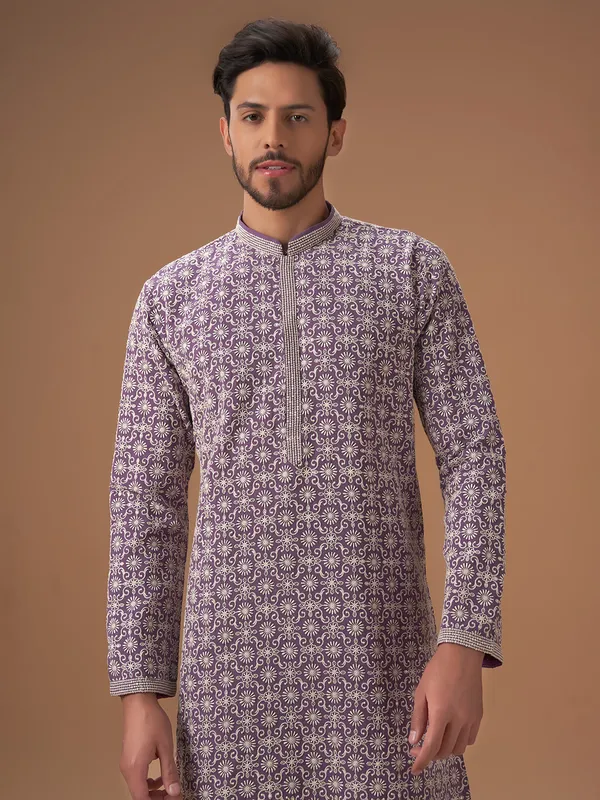 Purple embroidery festive kurta suit