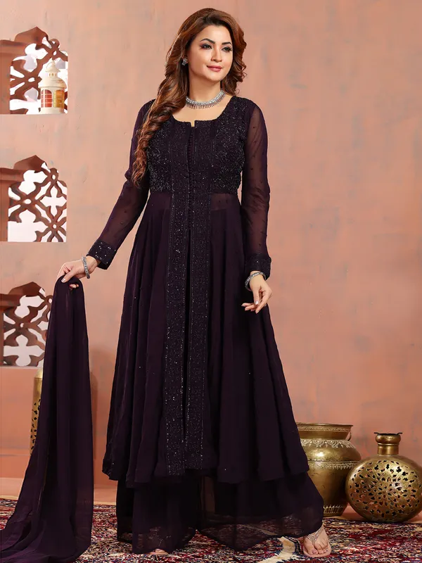 Purple festive wear palazzo suit in georgette