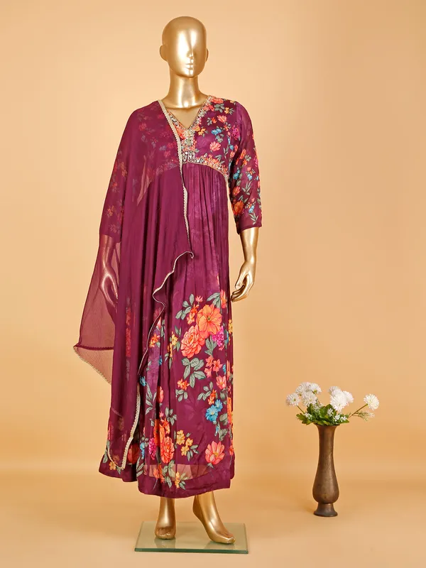 Purple floral printed floor length suit