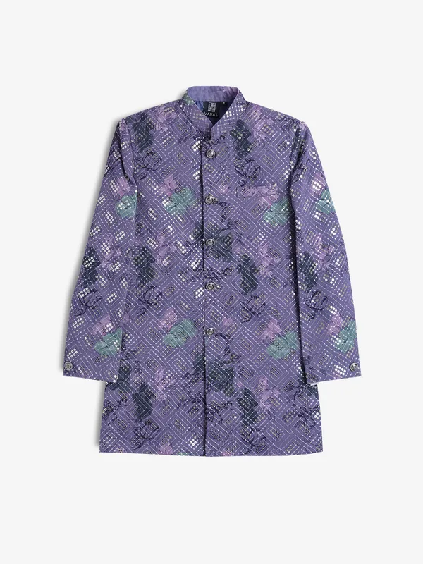 Purple floral printed silk indowestern