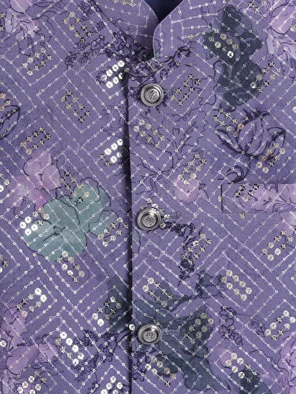 Purple floral printed silk indowestern