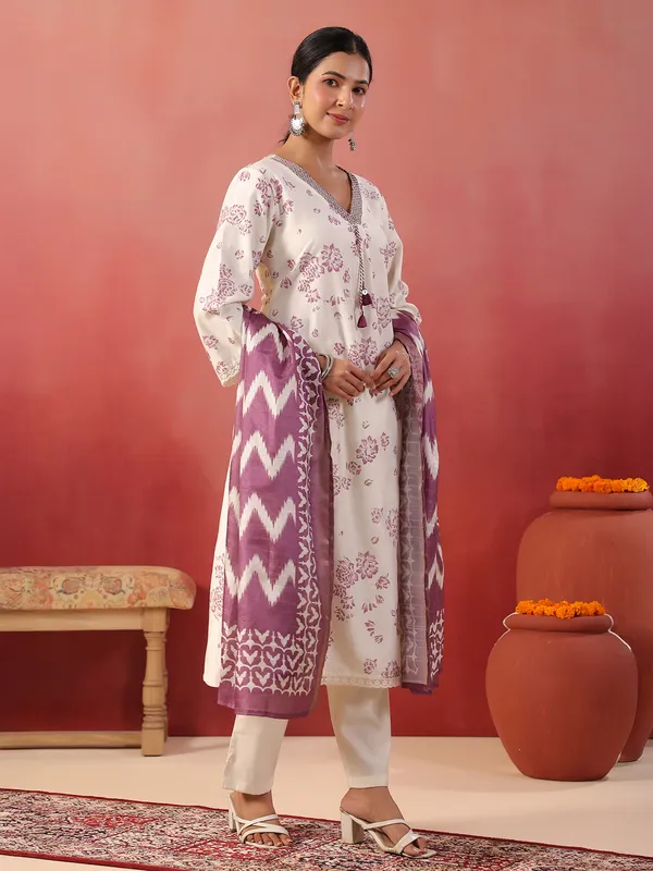 Purple floral printed silk kurti set for festive wear