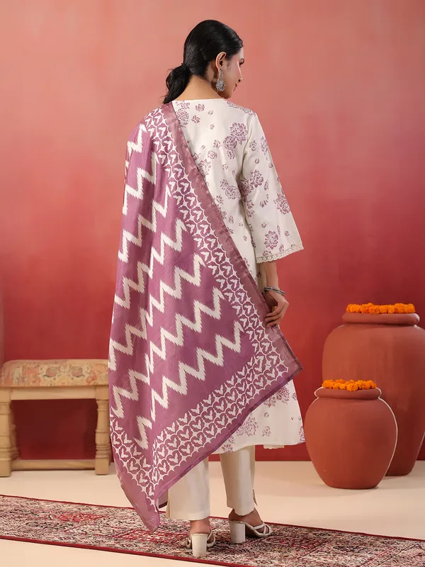 Purple floral printed silk kurti set for festive wear