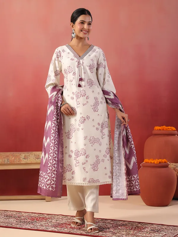 Purple floral printed silk kurti set for festive wear