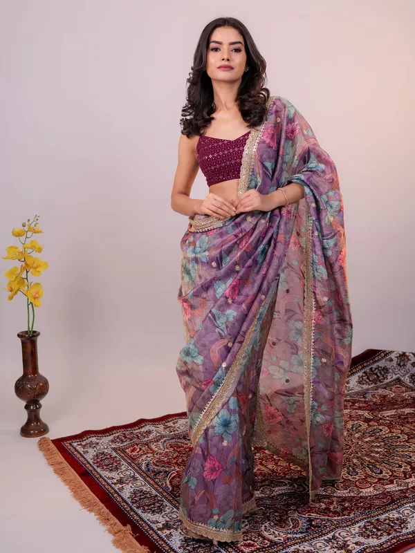 Purple floral printed tissue silk saree