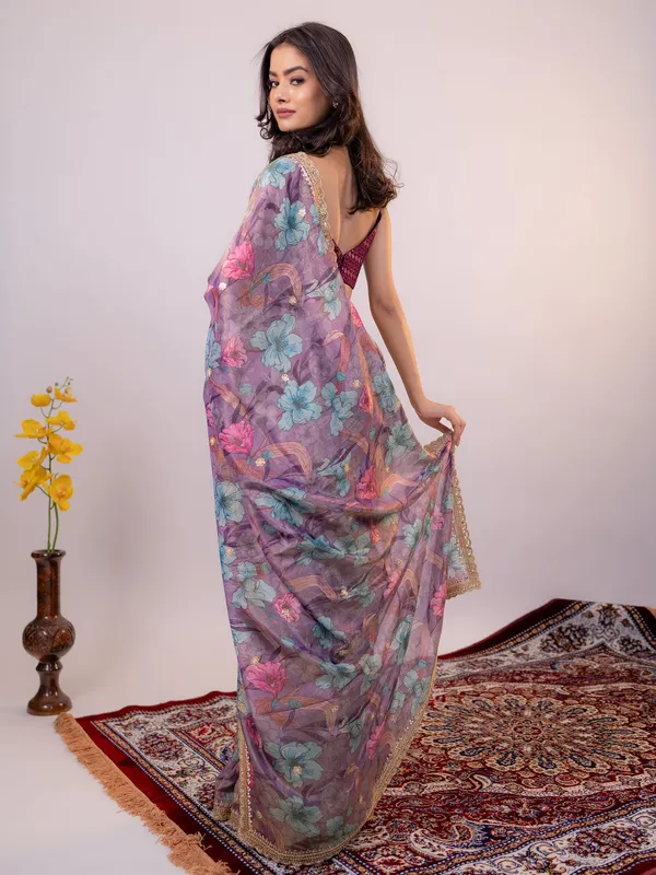 Purple floral printed tissue silk saree