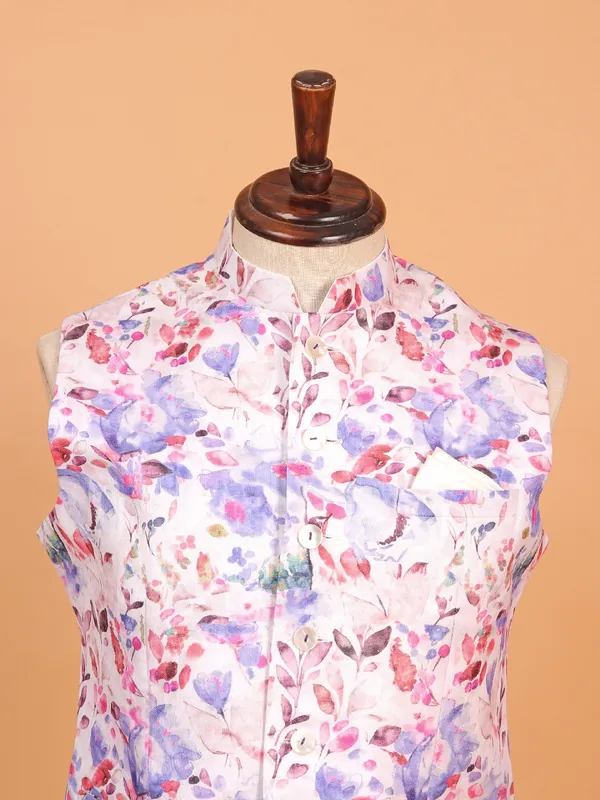 Purple floral printed waist coat for men