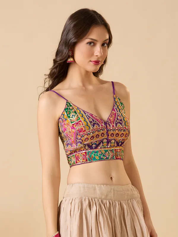Purple georgette embroidered sleeveless ready made blouse