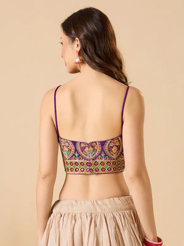 Purple georgette embroidered sleeveless ready made blouse