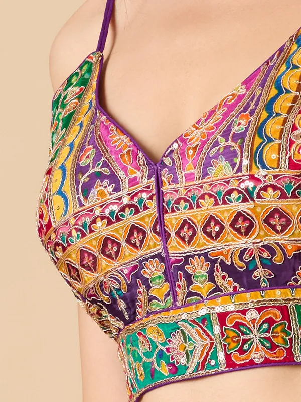 Purple georgette embroidered sleeveless ready made blouse