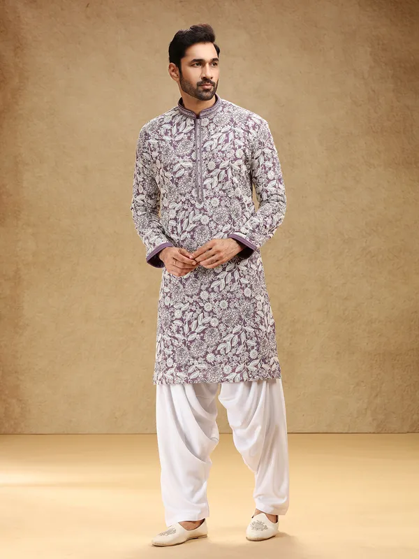 Purple georgette kurta suit with bold embroidery