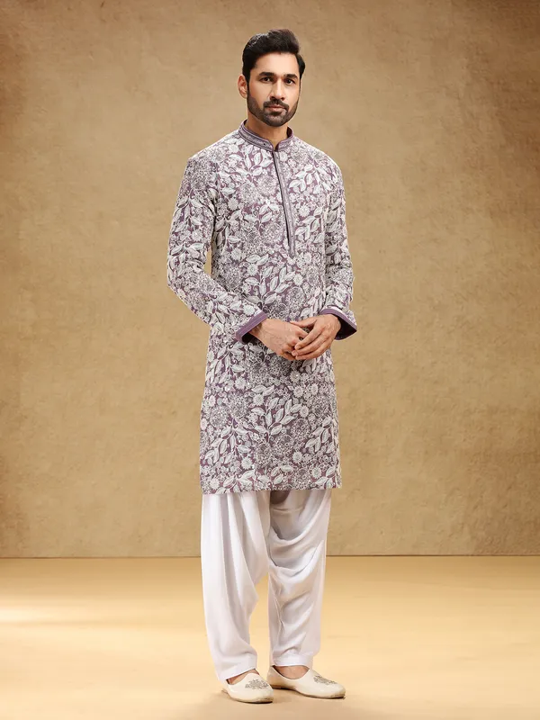 Purple georgette kurta suit with bold embroidery