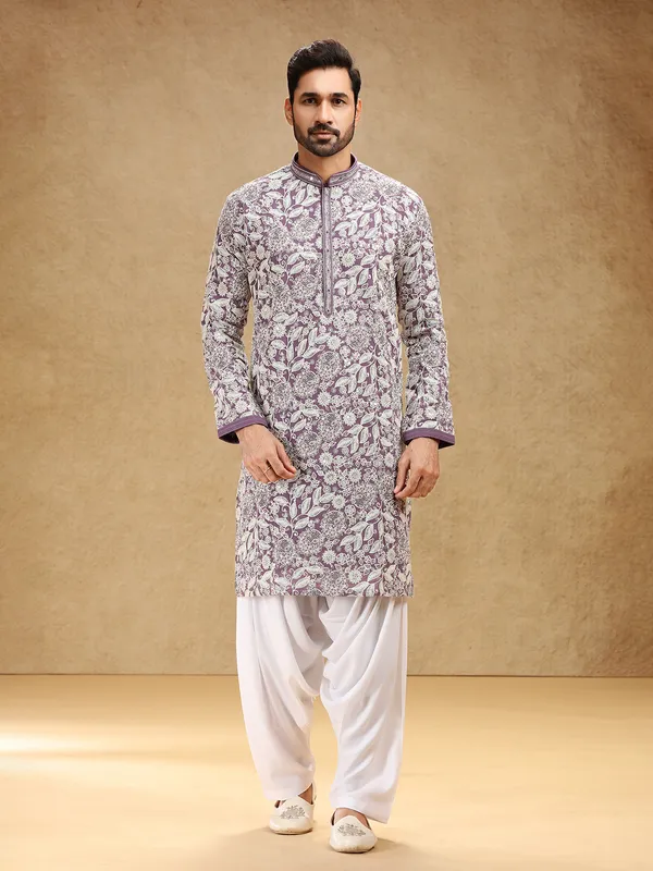 Purple georgette kurta suit with bold embroidery