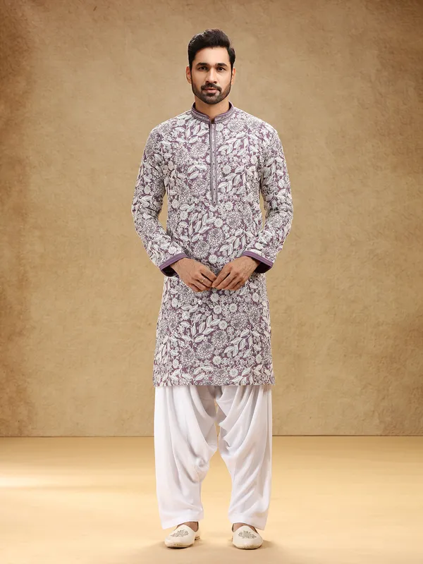 Purple georgette kurta suit with bold embroidery