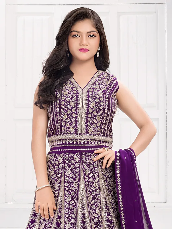 Purple georgette lehenga choli with sequins and beads
