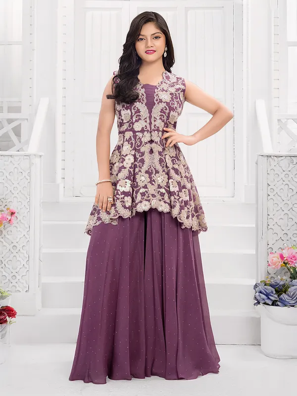 Purple georgette palazzo suit with cutdana work