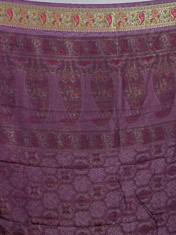 Purple georgette saree with colorfull motifs and print