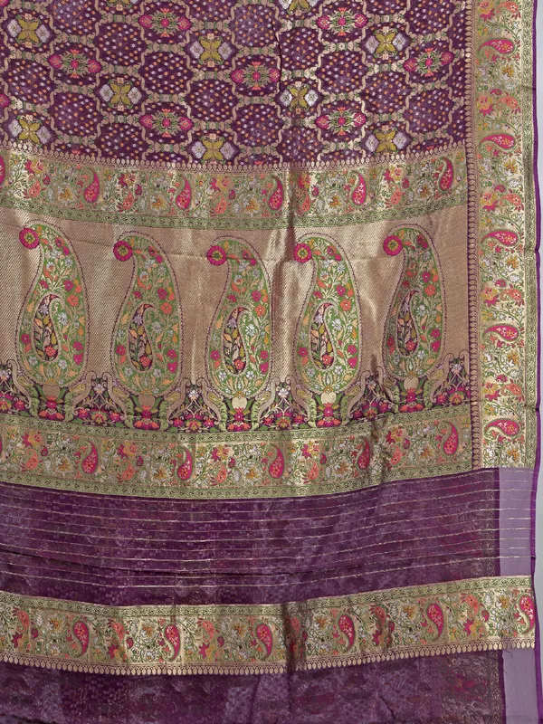 Purple georgette saree with colorfull motifs and print