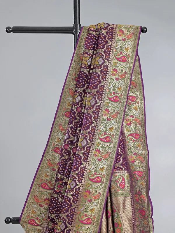 Purple georgette saree with colorfull motifs and print