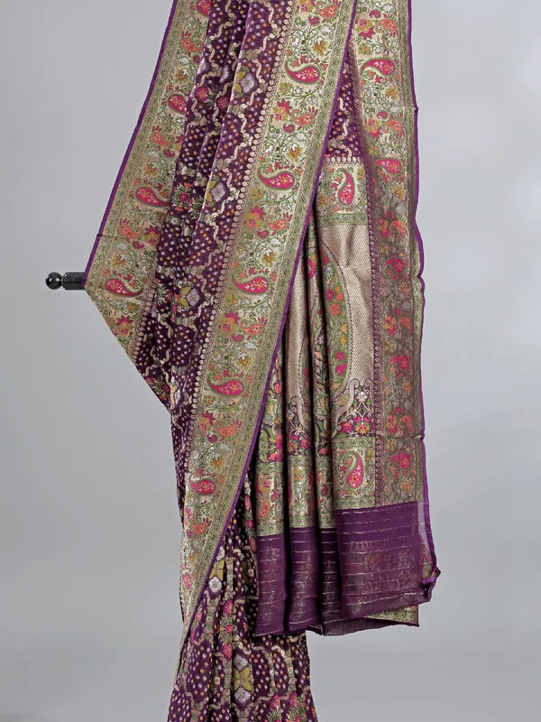 Purple georgette saree with colorfull motifs and print