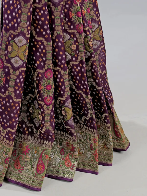 Purple georgette saree with colorfull motifs and print