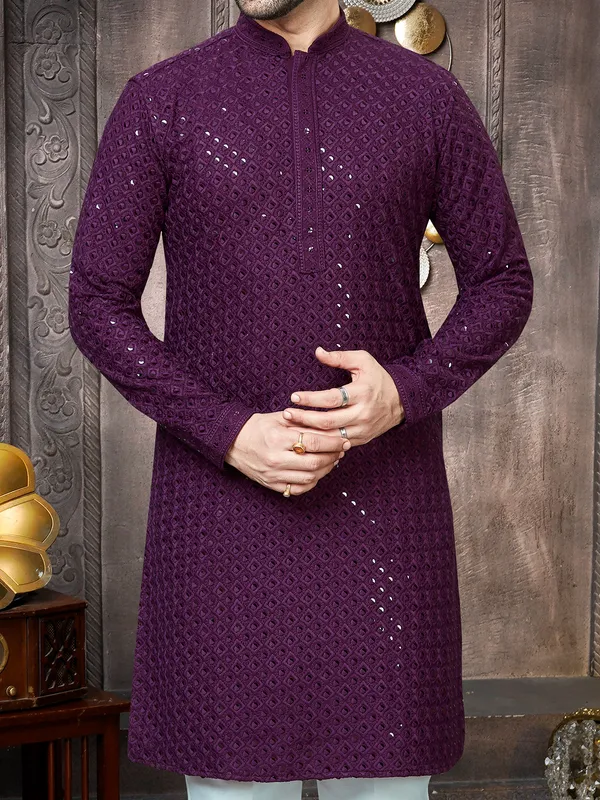 Purple georgette sequins kurta suit for men