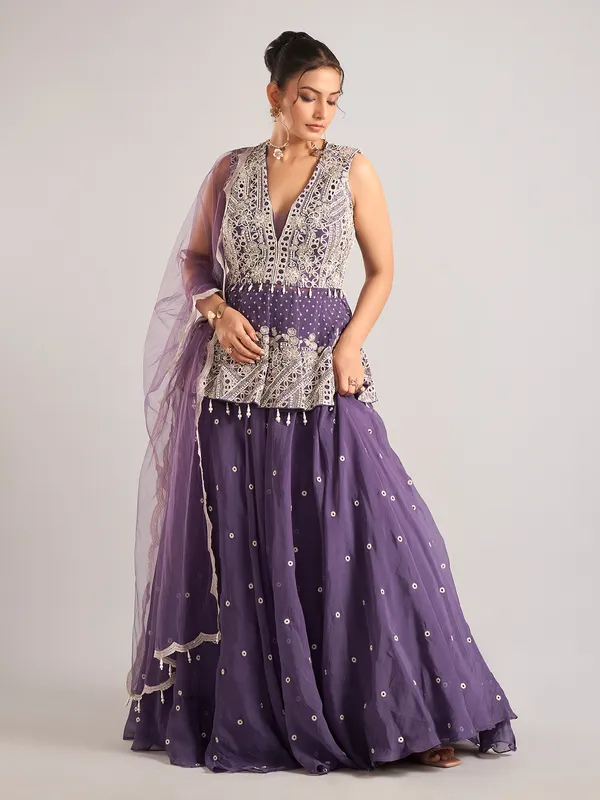 Purple georgette sleeveless lehenga suit with dupatta