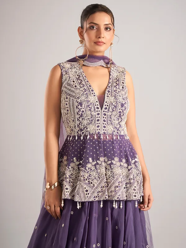 Purple georgette sleeveless lehenga suit with dupatta
