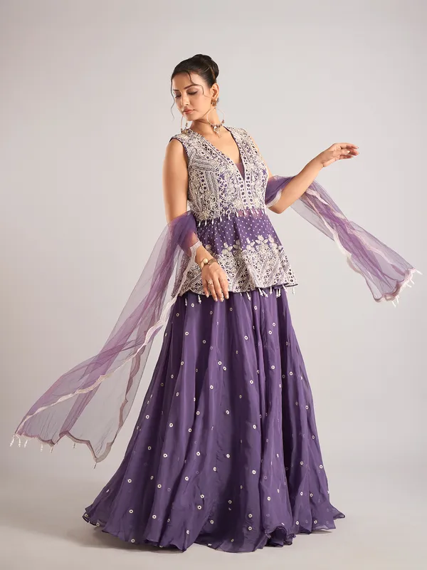 Purple georgette sleeveless lehenga suit with dupatta