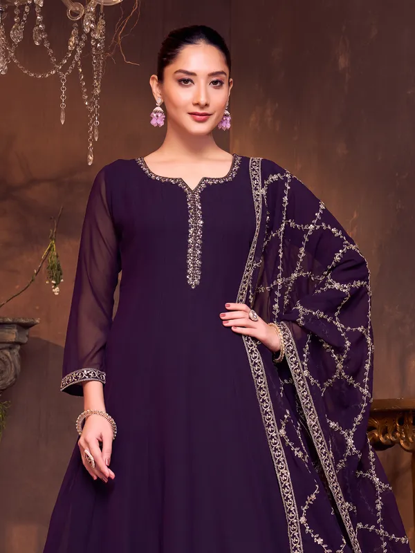 Purple georgette sweetheart neck salwar suit
