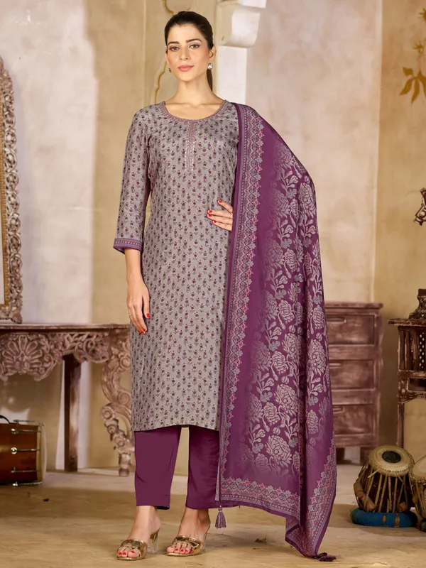 Purple grey printed silk festive kurti set