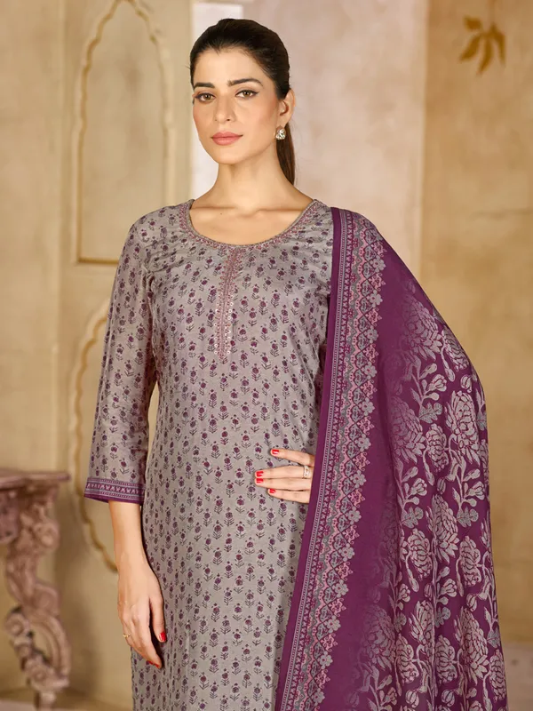Purple grey printed silk festive kurti set