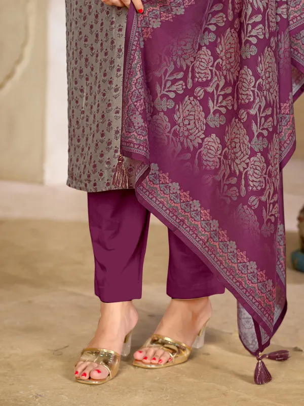 Purple grey printed silk festive kurti set