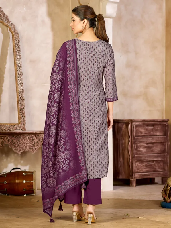 Purple grey printed silk festive kurti set