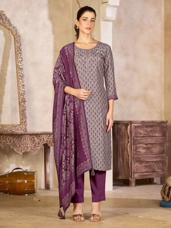 Purple grey printed silk festive kurti set
