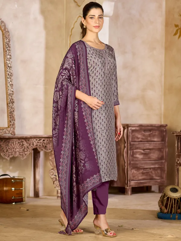 Purple grey printed silk festive kurti set