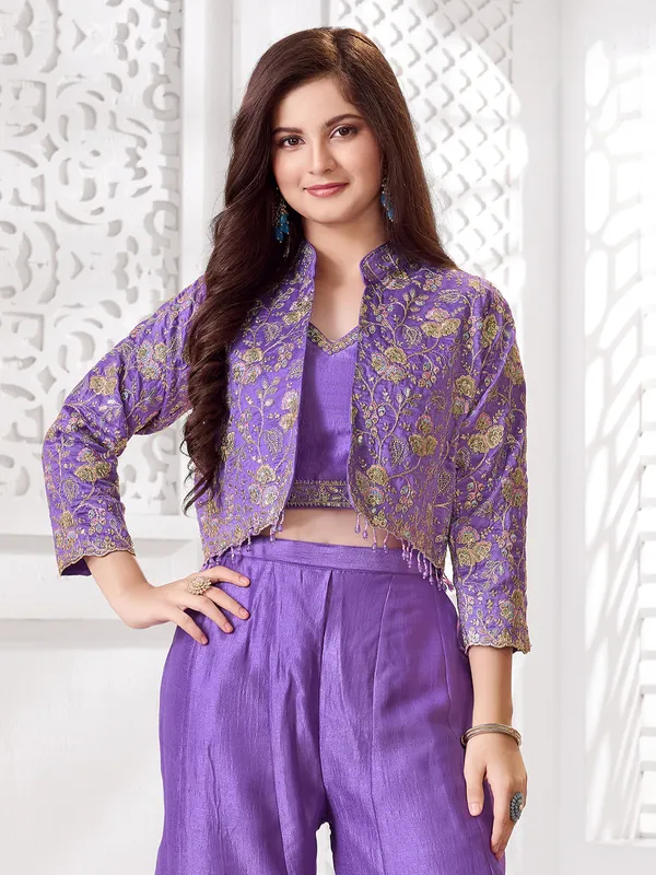 Purple jacket style silk palazzo suit for festive